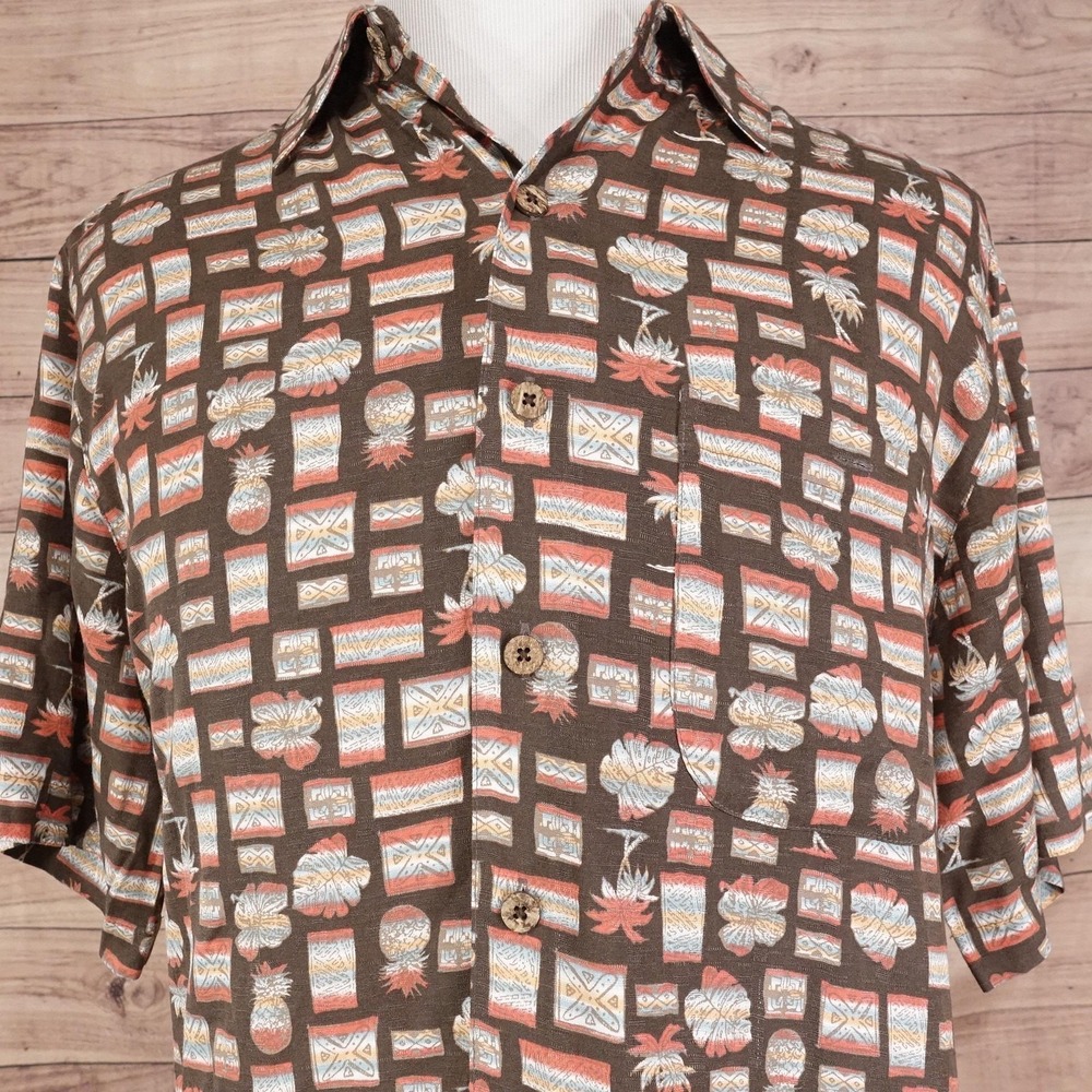 Caribbean Shirt Mens Medium Brown Rayon Hawaiian Aloha Button Front Short Sleeve